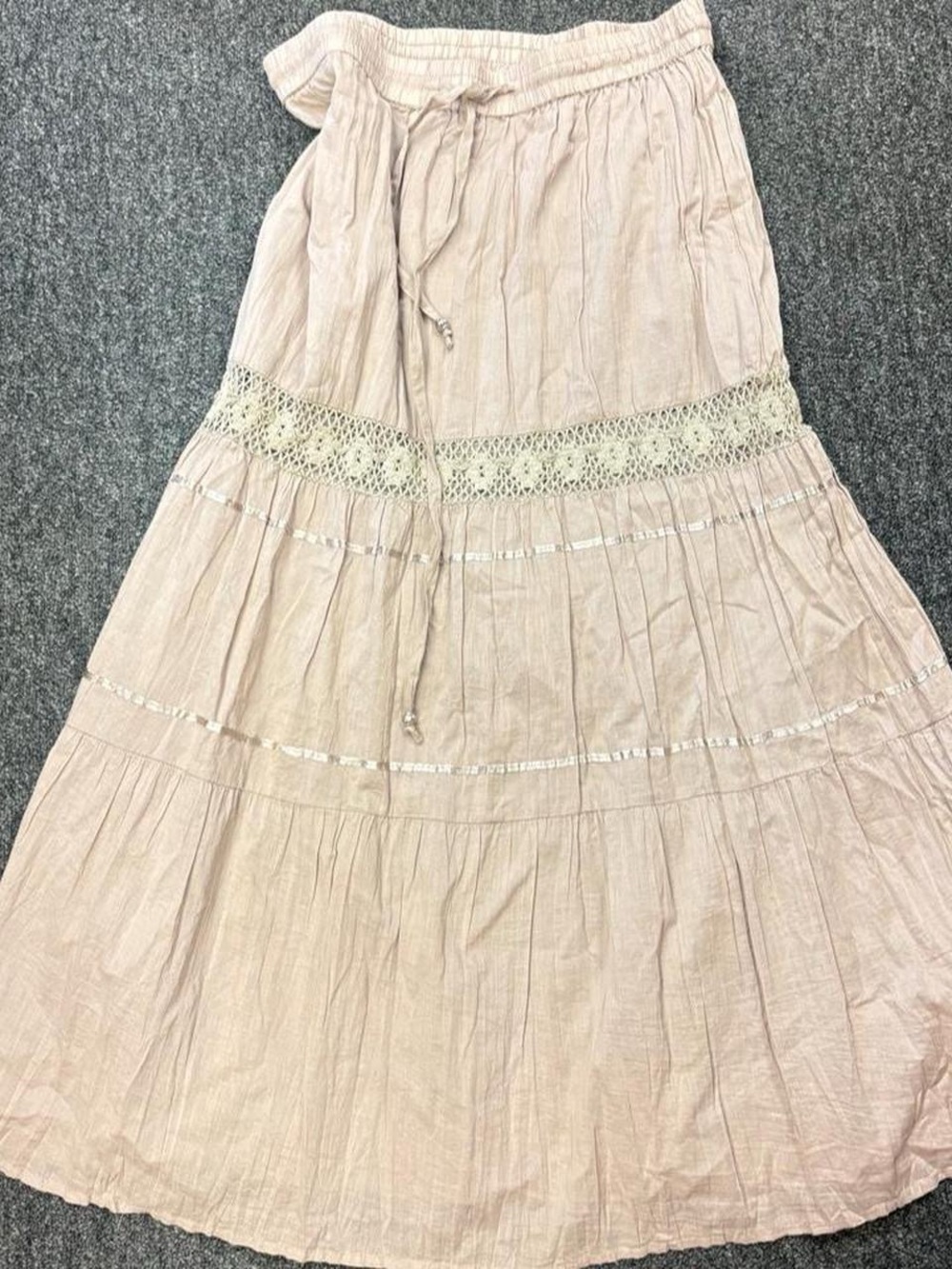 Gorgeous boho 100% cotton tan maxi skirt with crotchet and ribbon detail Lg